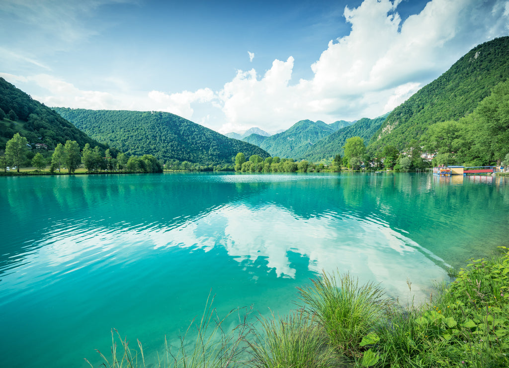 Emerald green water at Most na Soci Lake in Slovenia