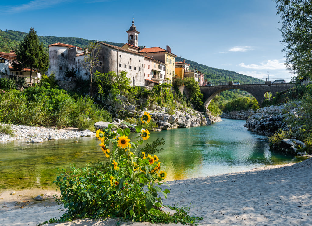 Colorful Town Kanal Ob Soci in Slovenia. Small Village at The Soca River