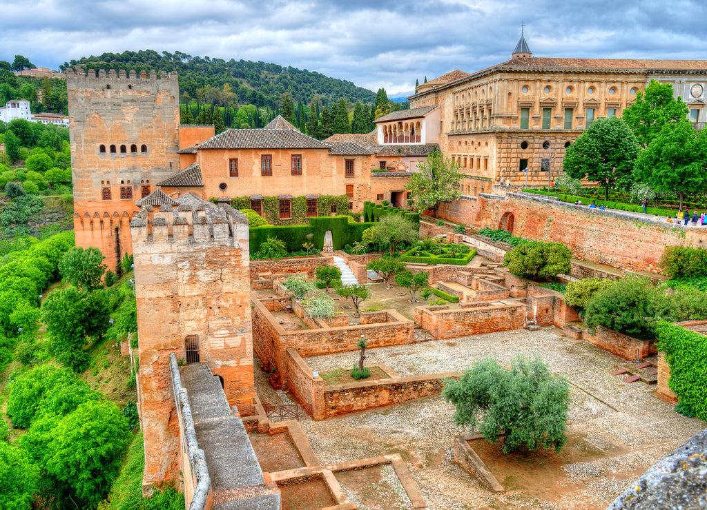 Wide aerial view over the famous Alhambra Palace and garden in Granada, Spain