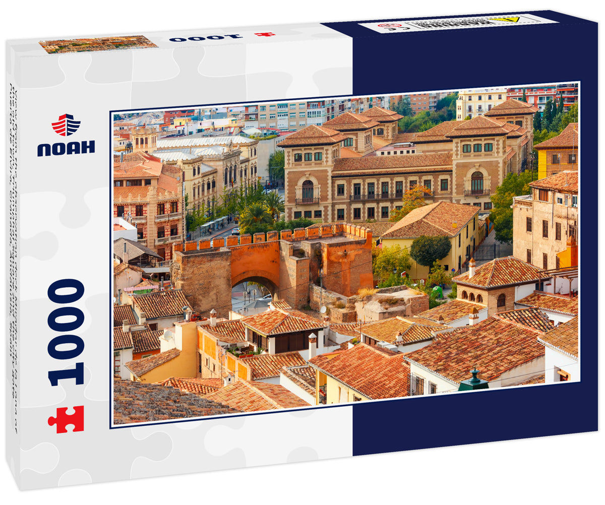 View from the observation deck Mirador de la Lona of the old town, Triumphal Square and the city gate Puerta de Elvira, Granada, Andalusia, Spain