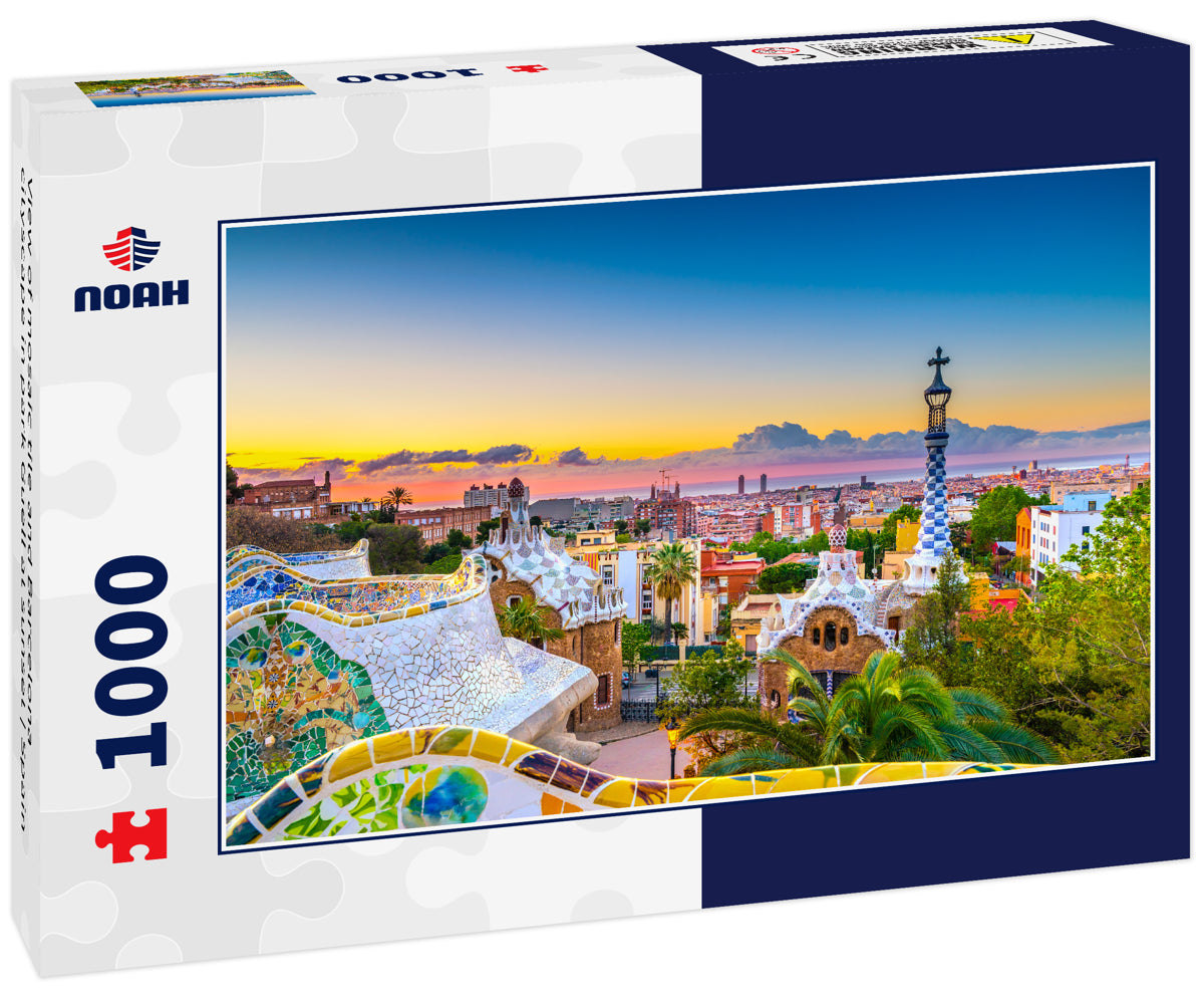 View of mosaic tile and Barcelona cityscape in park Guell at sunset | Spain