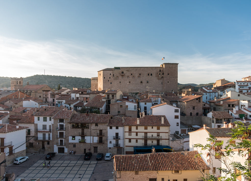 Mora de Rubielos Castle lighting in Teruel Spain Gudar Sierra sunset view panorama