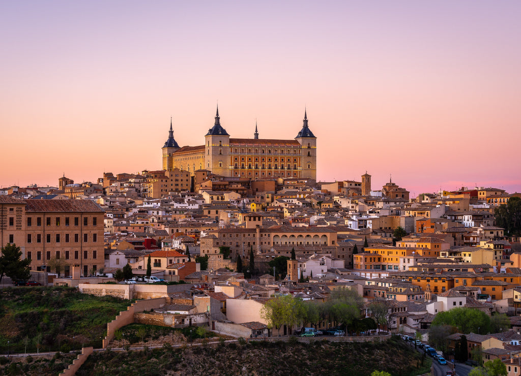 Panoramic view of Toledo with Alcazar castle at sunset, Castilla-La Mancha, Spain