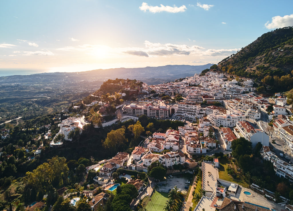 Mijas pueblo, typical Andalusian white-washed mountain village, houses rooftops, small town located on hillside Province of Málaga, Costa del Sol