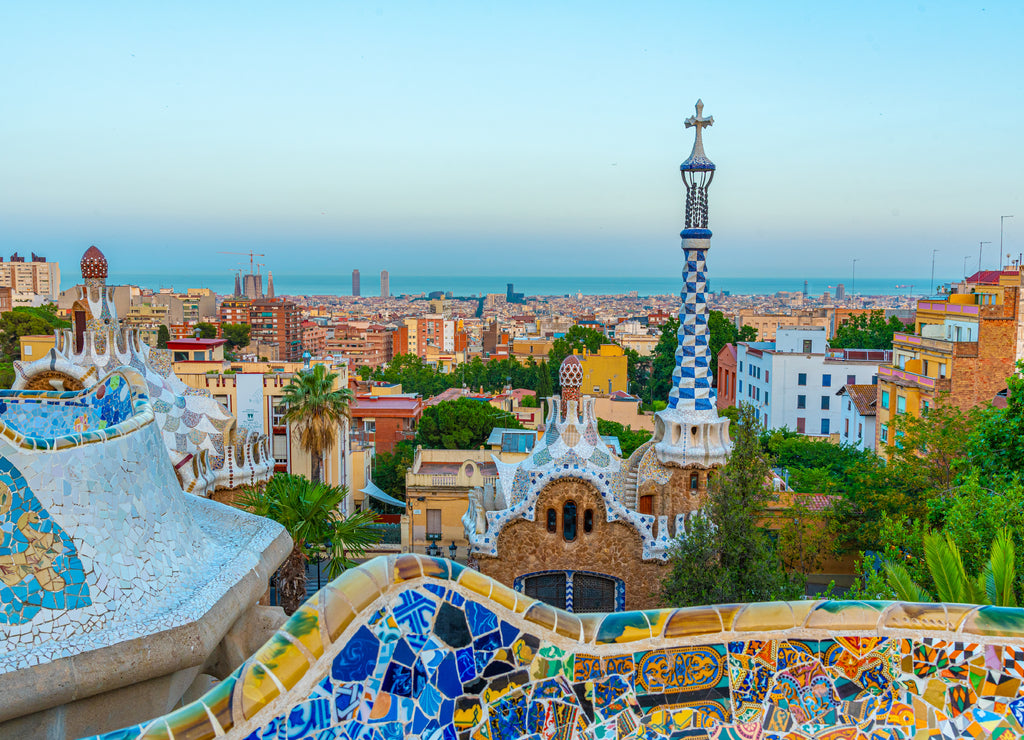 Sunset view of Parc Guell in Barcelona, Spain