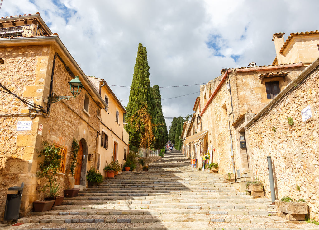 Pollenca on Mallorca stairs stairway to church El Calvari holidays vacation aerial photo in Spain