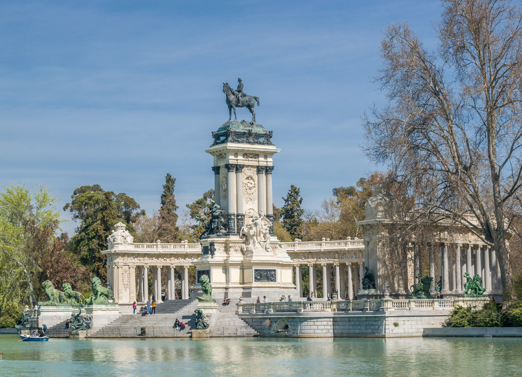 Monument to Alfonso XII in the pond of El Retiro Park, Madrid, Spain. Built in 1922