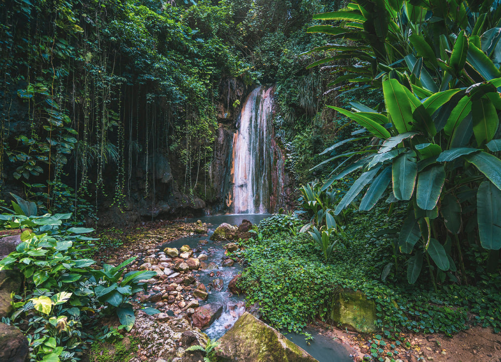 Tropical diamond waterfall on caribbean island, St. Lucia