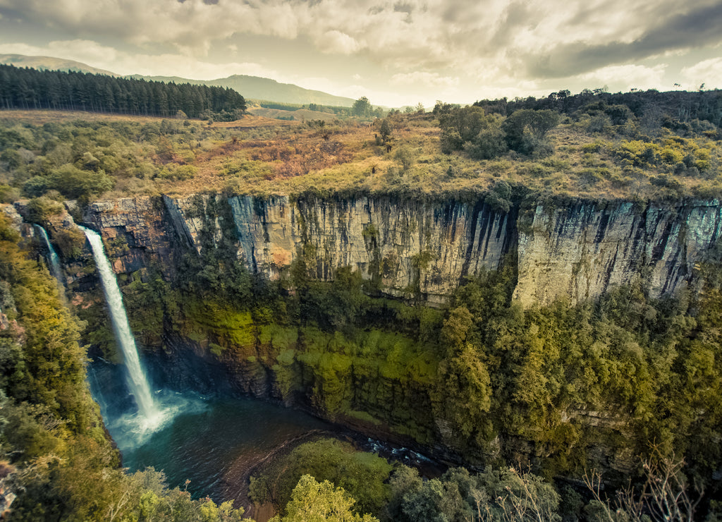 Wide view looking down on Mac Mac Falls and its deep canyon in Mpumalanga, South Africa