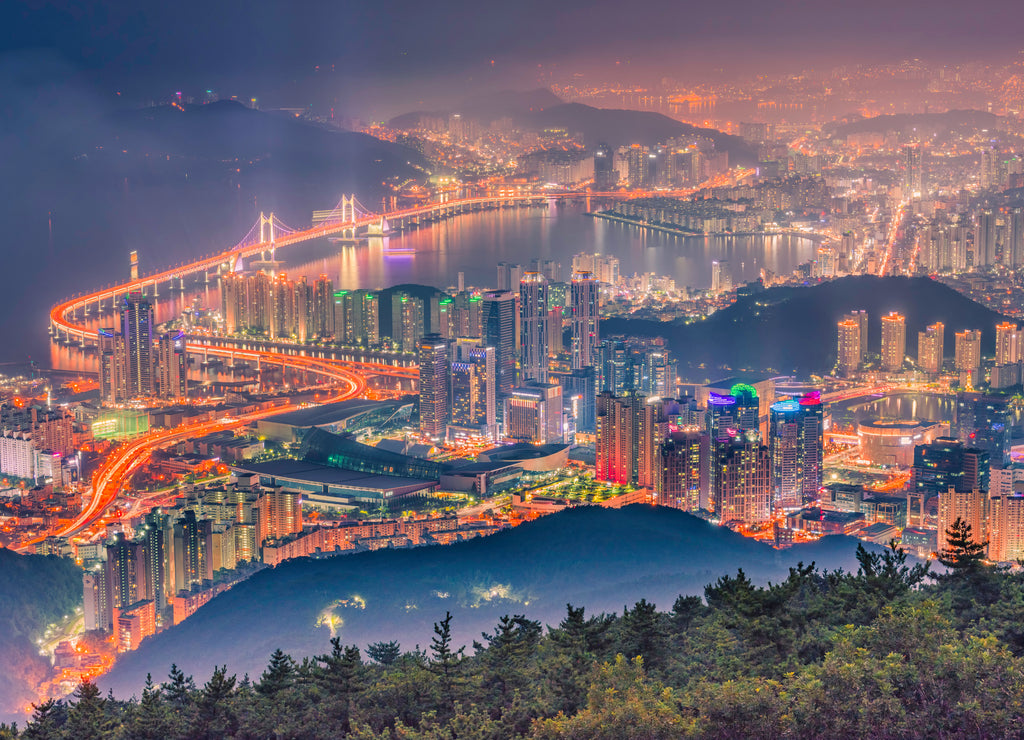 Busan city and downtown skyline in Misty night, South Korea