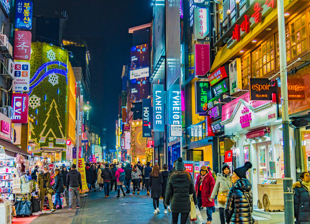 Neon lights in the night of the city of Seoul in South Korea