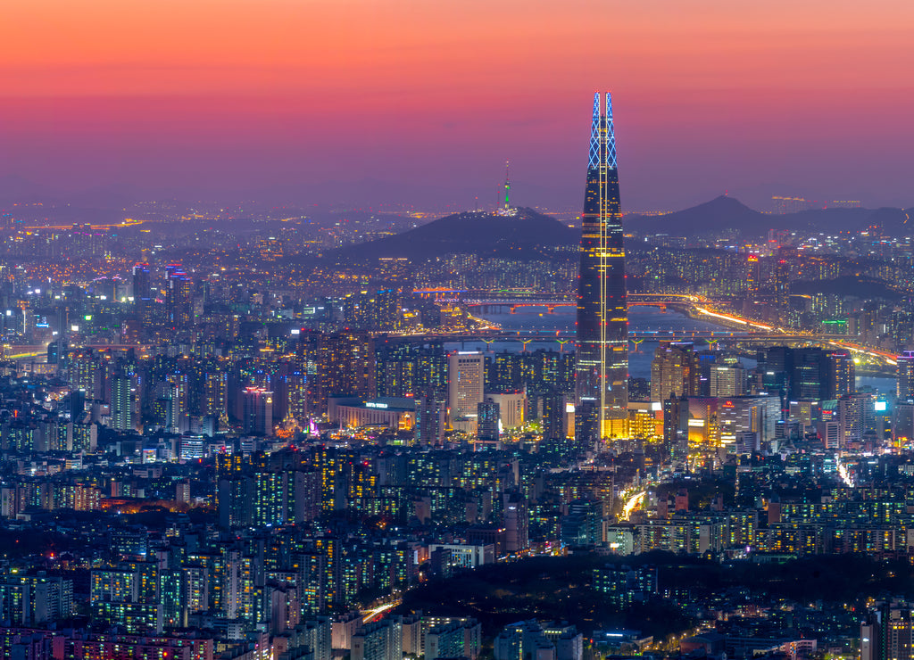 Panoramic view of Seoul, South Korea at a beautiful night.At Namhansansong Viewpoint