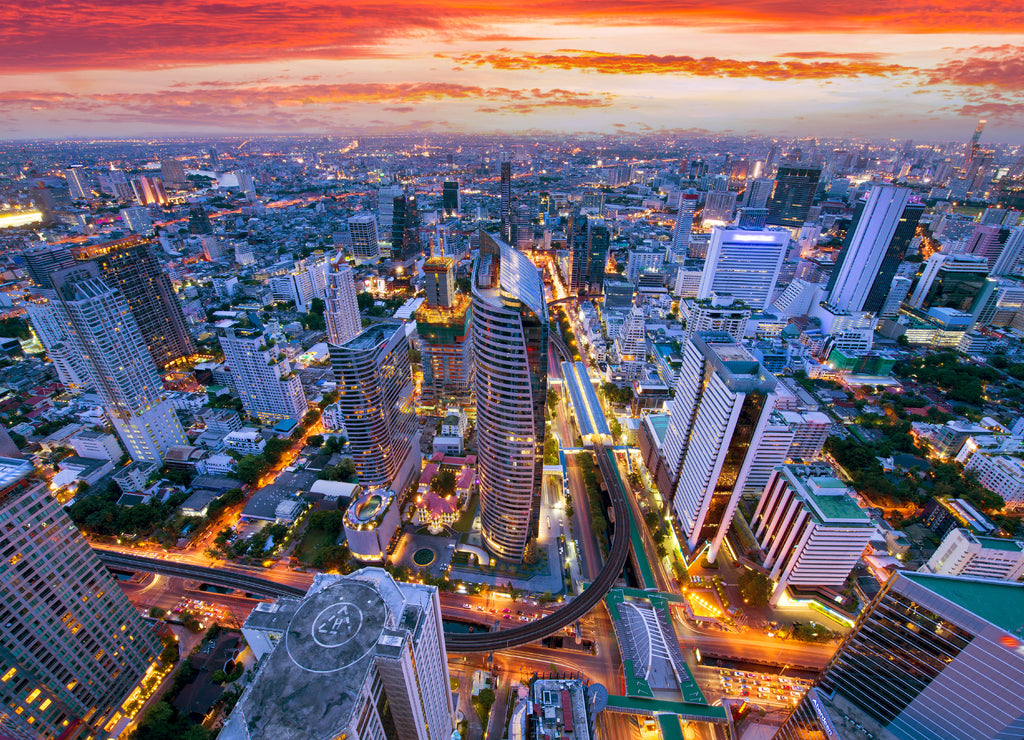 Bangkok business district aerial view skyline with sunset time