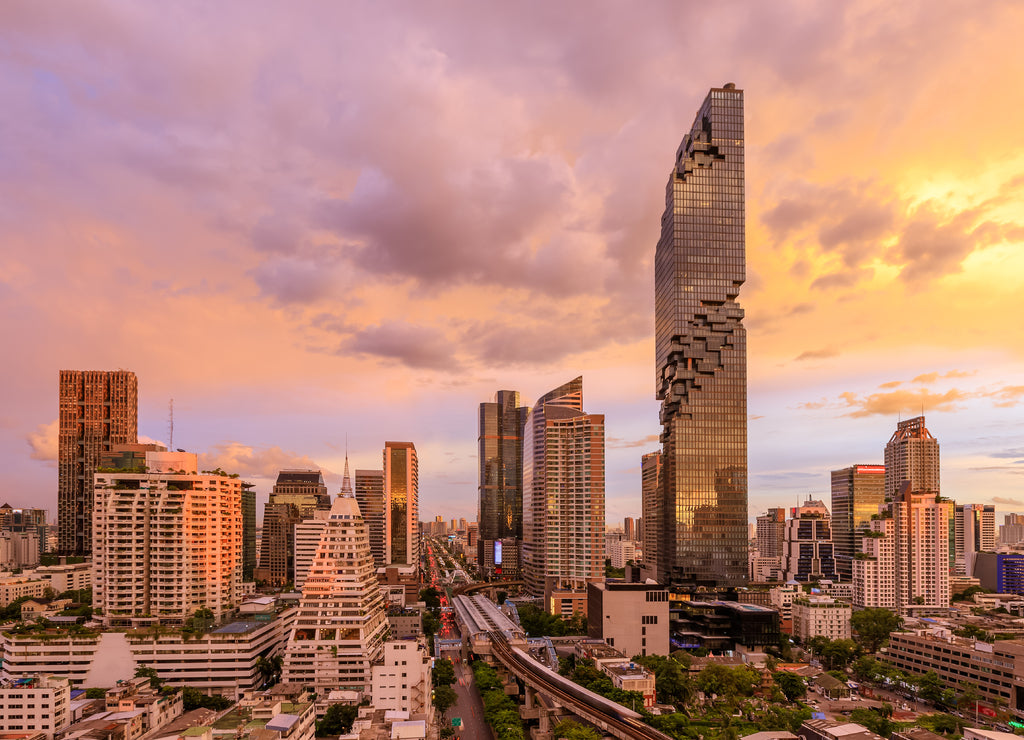 Bangkok business district cityscape with skyscraper at twilight, Thailand