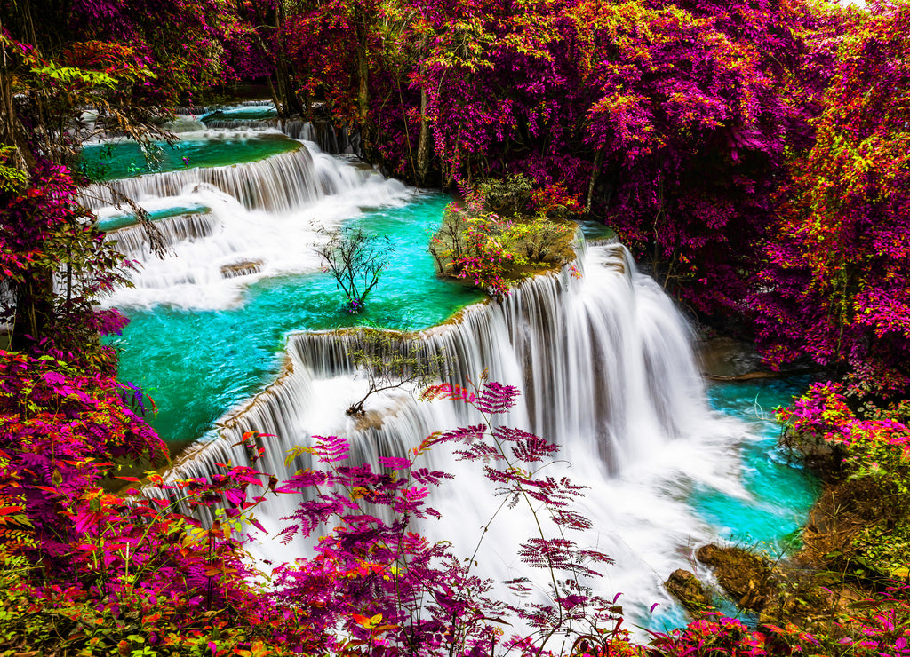 Amazing of Huay Mae Kamin waterfall in colorful autumn forest at Kanchanaburi, Thailand
