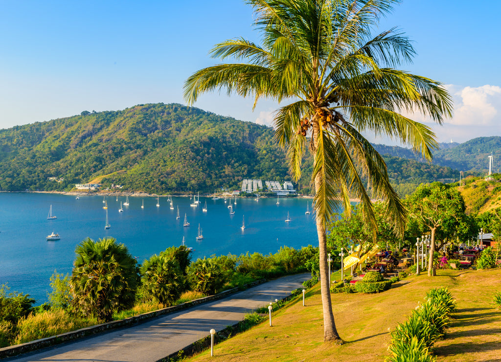 Phromthep cape viewpoint at sunset in Phuket, beautiful coast scenery on tropical island with paradise beaches, Thailand