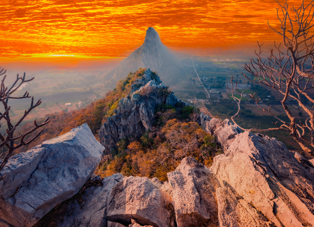 High mountains in the plains and fields in the morning, the misty in Khao No Nakhon Sawan