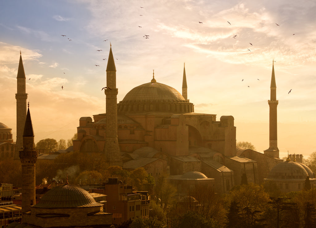View of Haghia Sophia or Aya Sofya at sunset in Istanbul, Turkey