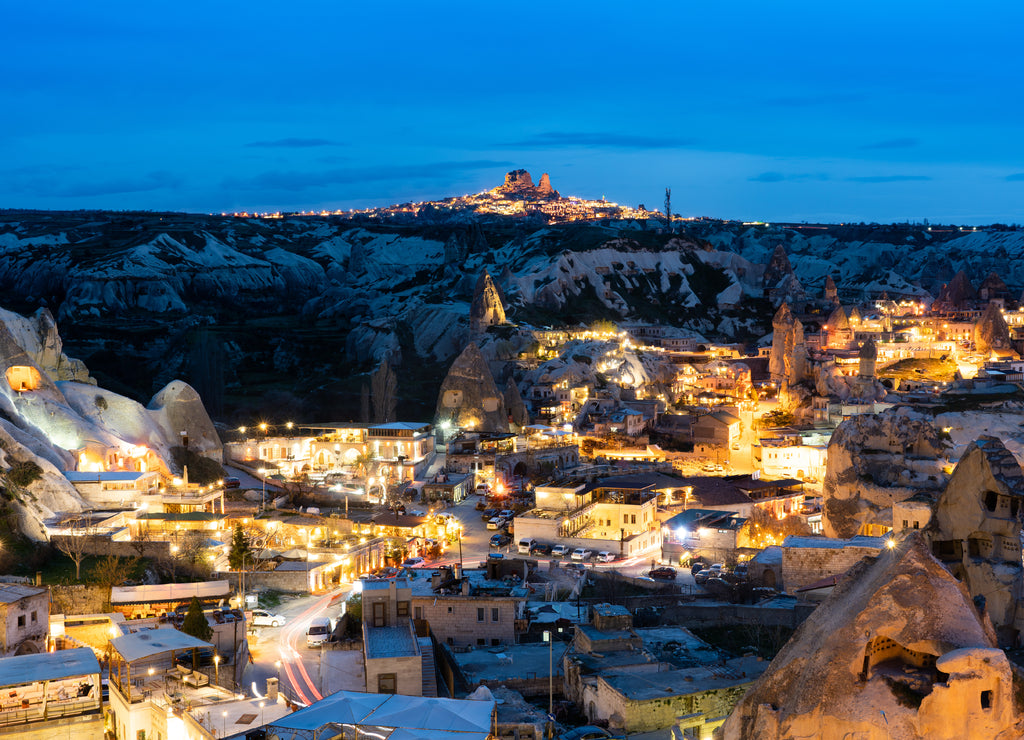 Goreme town on after twilight in Cappadocia cityscape and streetlights view at the sunset viewpoint