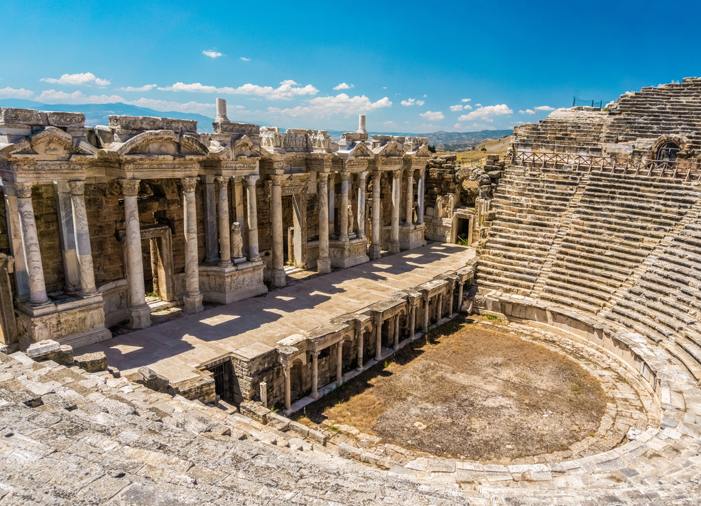 Hierapolis Ancient City Theater, Pamukkale, Denizli, Turkey. Roman Theater view from inside