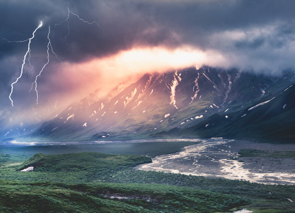 Thunderstrom with lightning in the Denali National Park, Alaska