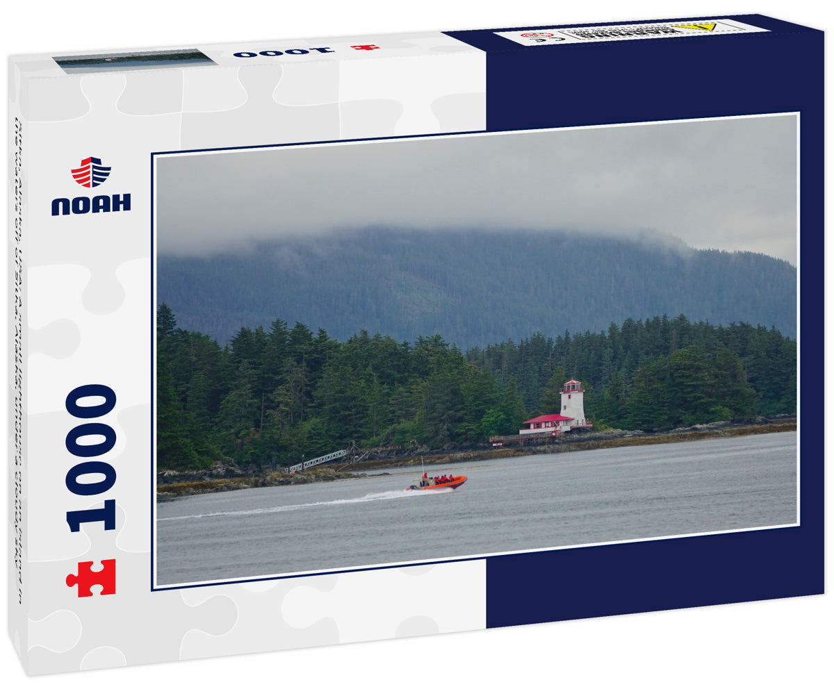 Sitka, Alaska, USA: A small lighthouse on an island in the waters off of Sitka, Alaska, under a cloudy sky