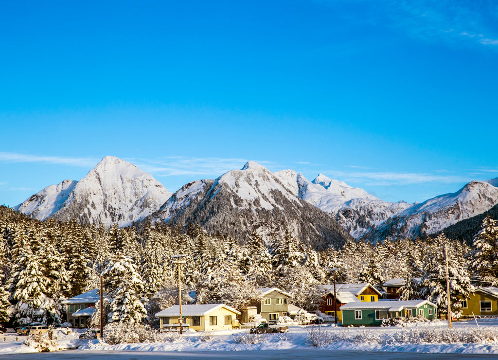 Snowy mountains in Sitka, Alaska Winter in Alaska