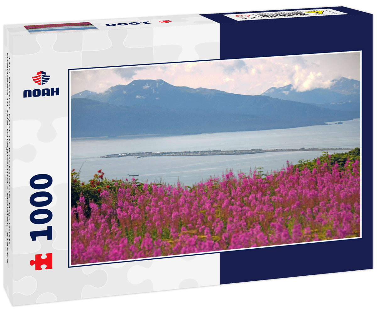 The Homer Spit in Kachemak Bay with fireweed in the foreground - Homer, Alaska