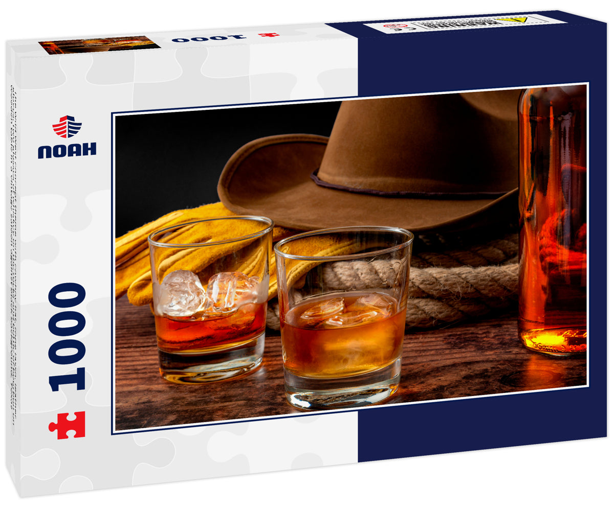 The Wild West concept theme with cowboy hat, rope lasso, leather gloves, two glasses of whiskey on the rocks and bottle of bourbon on wooden table in a vintage saloon against black background, Texas