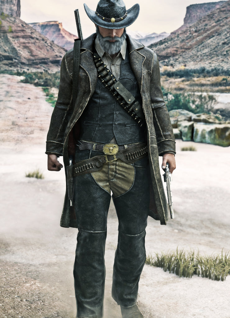 Portrait of a grizzled gun slinging cowboy walking toward the camera with weapon drawn, Texas