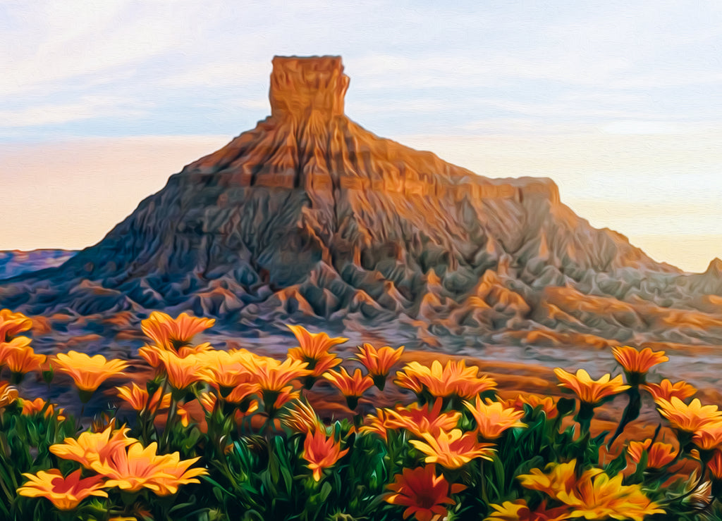 Yellow flowers against the backdrop of mountains in Texas