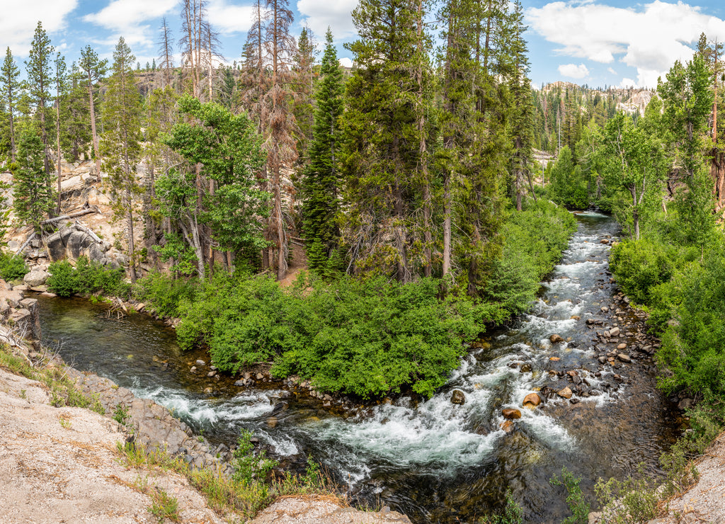 Panorama of Middle Fork San Joaquin River within Devils Postpile National Monument, Inyo National Forest, Ansel Adams Wilderness, California