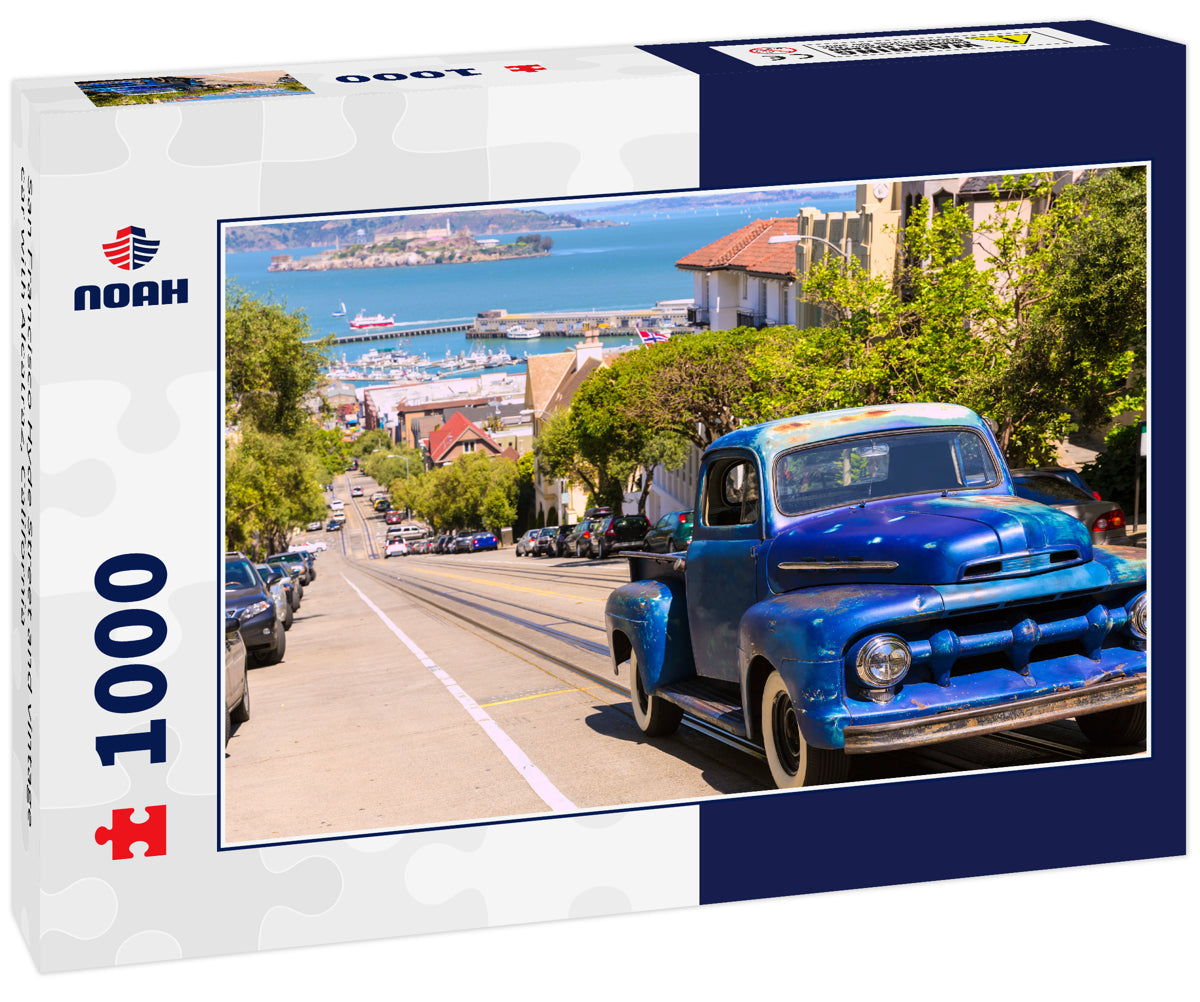 San Francisco Hyde Street and vintage car with Alcatraz, California