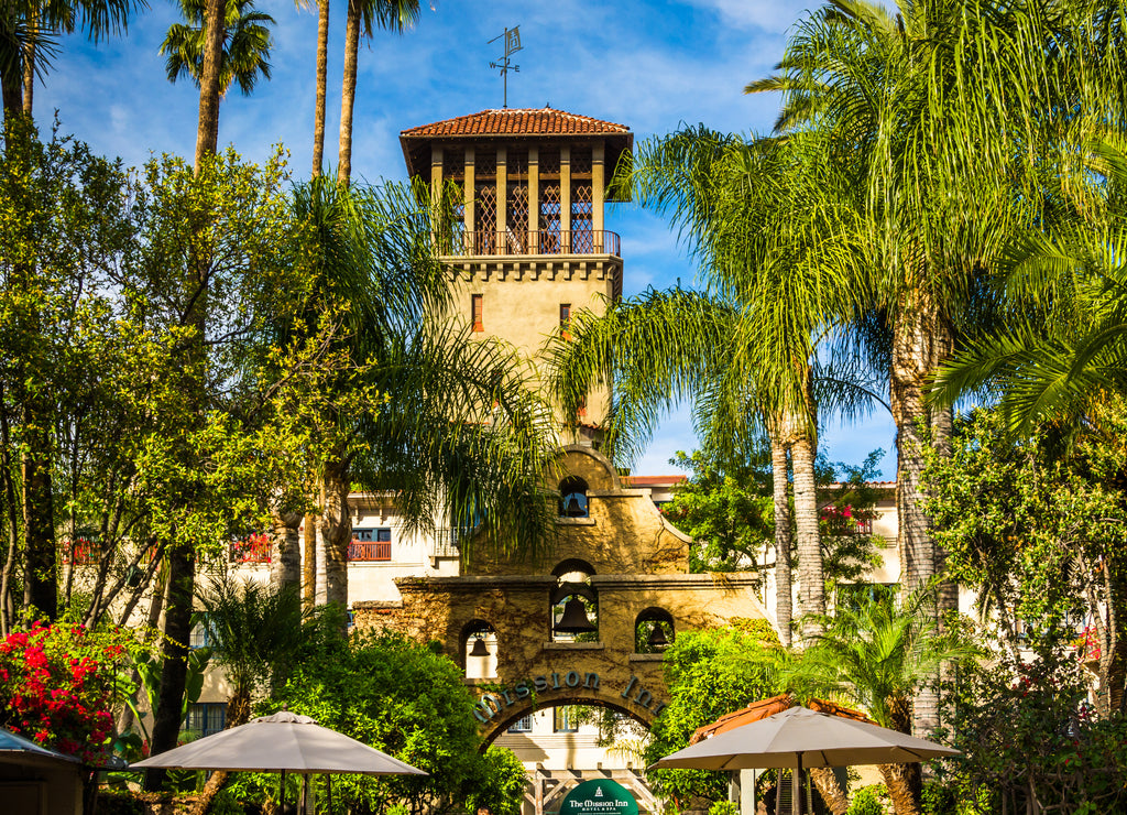 The exterior of the Mission Inn, in Riverside, California