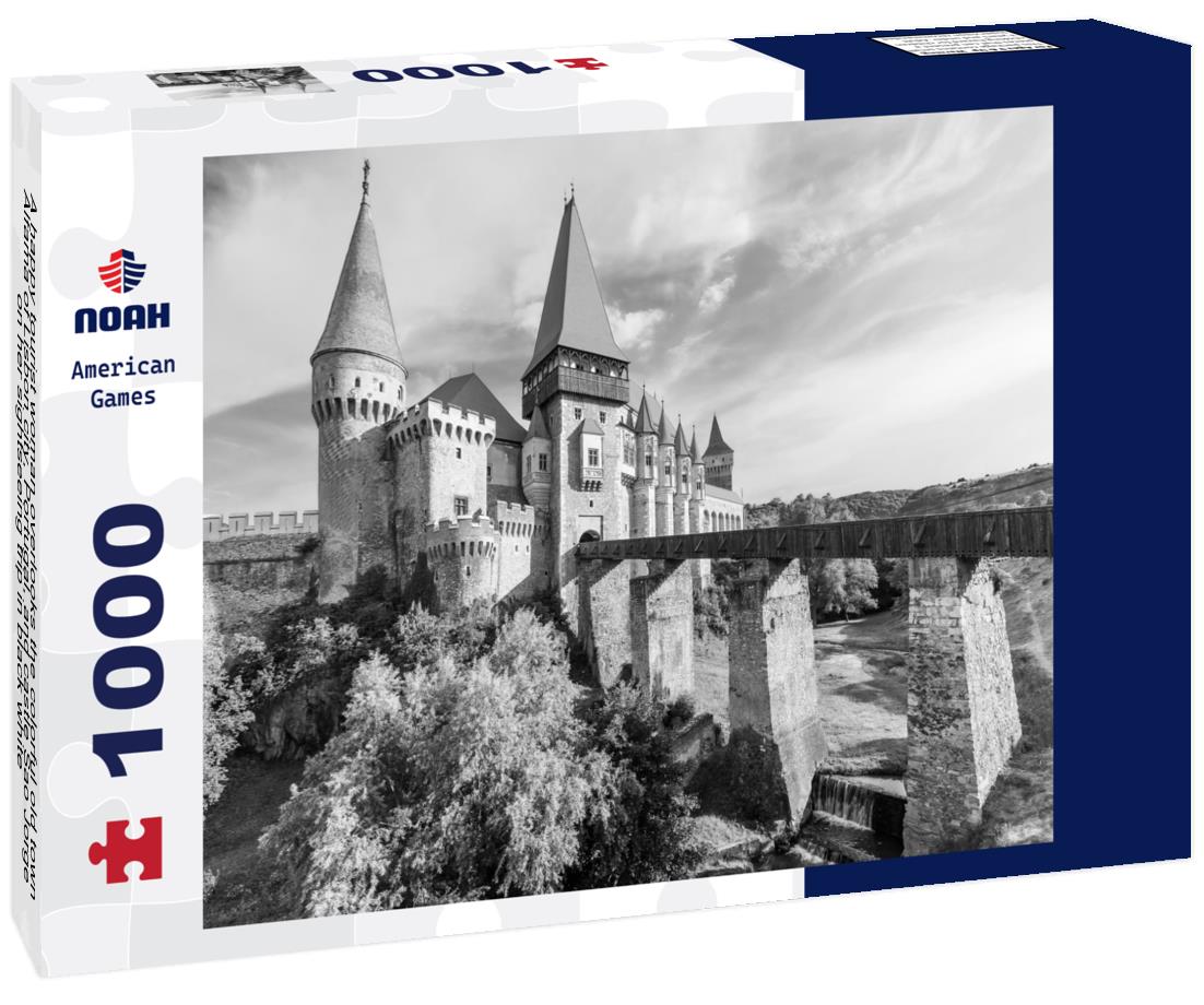 Noah Jigsaw Puzzle A happy tourist woman overlooks the colorful old town Alfama of Lisbon city, Portugal, and castle Sao Jorge on her sightseeing trip in black white 1000 pieces