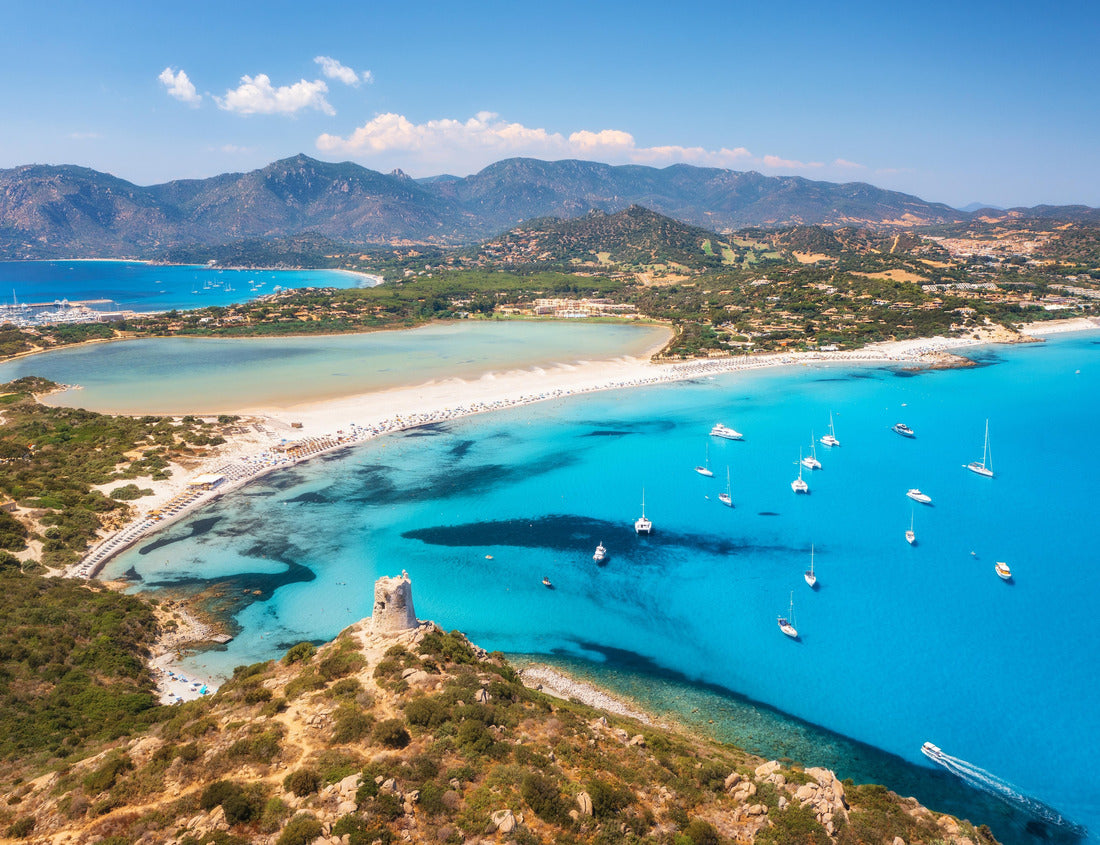 Noah Jigsaw Puzzle Aerial view of the beautiful sandy beach, ancient tower on the hill, sea bow, mountains on a summer's day. Porto Giunco in Sardinia, Italy 1000 pieces