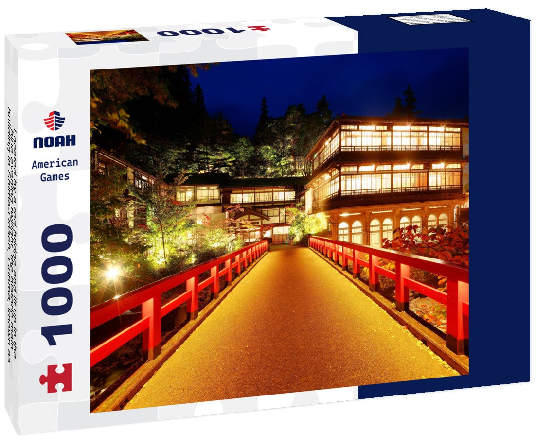 Noah Jigsaw Puzzle Located by a red bridge and lit up in the blue evening twilight, the historic main building in Shima-Onsen, Gunma, known as the oldest hot spring hotel in Japan 1000 pieces