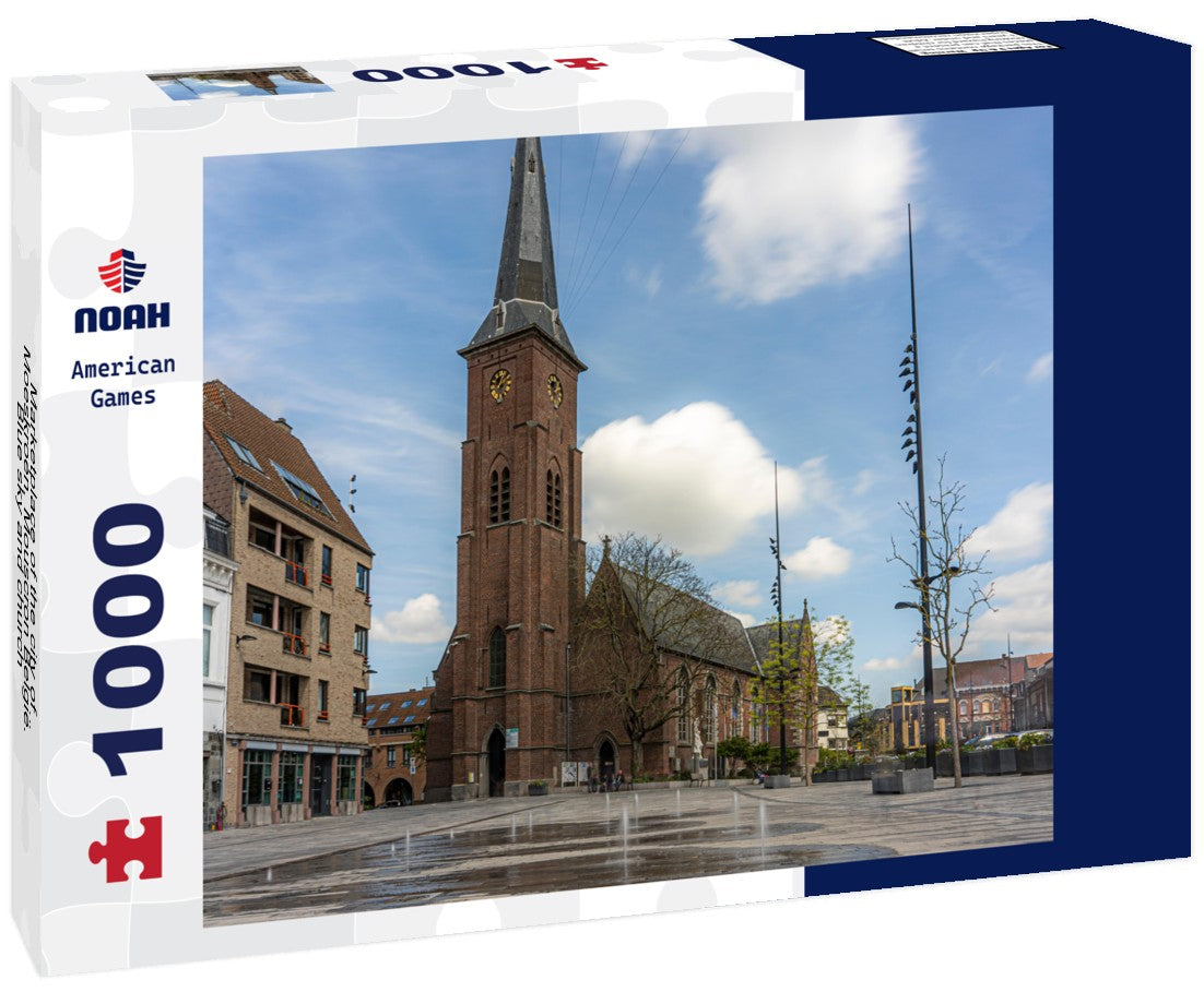 Noah Jigsaw Puzzle Marketplace of the city of Moeskroen, Mouscron België. Blue sky and church 1000 pieces