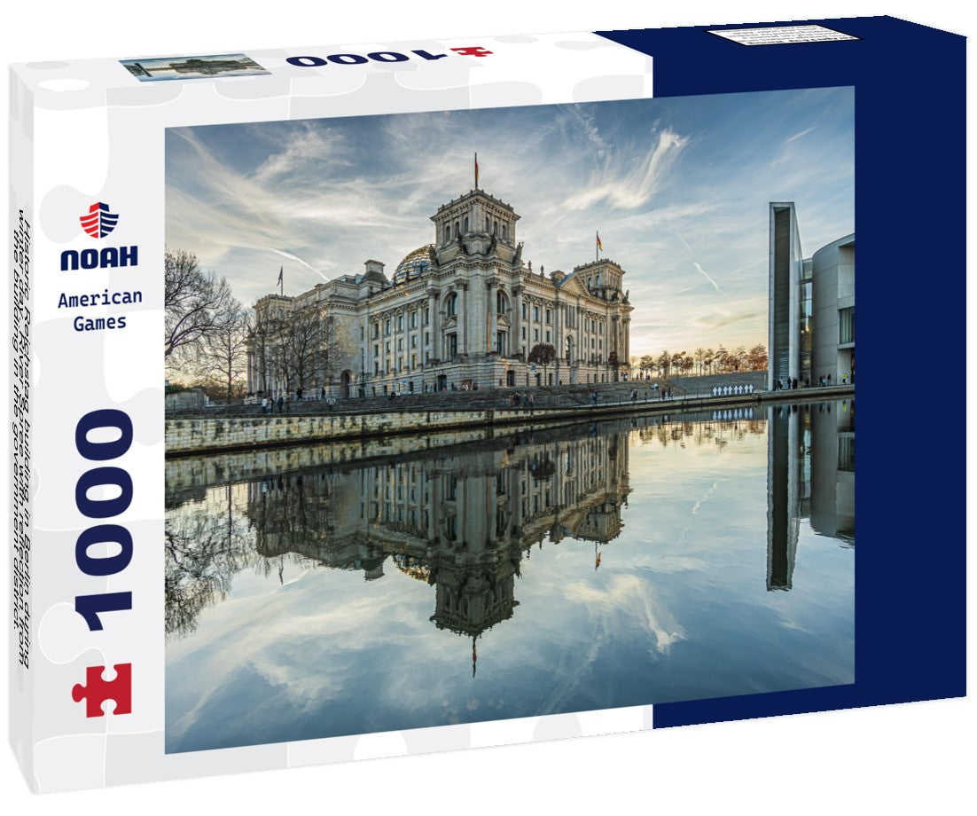 Noah Jigsaw Puzzle Historic Reichstag building in Berlin during winter day. River Spree with reflection from the building in the government district. Sunshine in the background with cloudy sky 1000 pieces