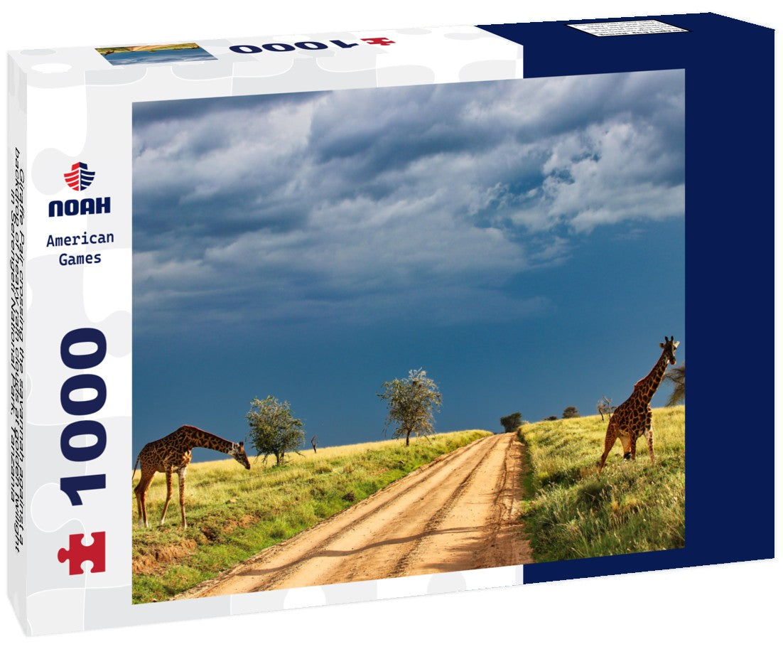 Noah Jigsaw Puzzle Giraffe Pair crossing the savannah against a backdrop of heavy rain clouds at golden twilight in Serengeti National Park, Tanzania 1000 pieces