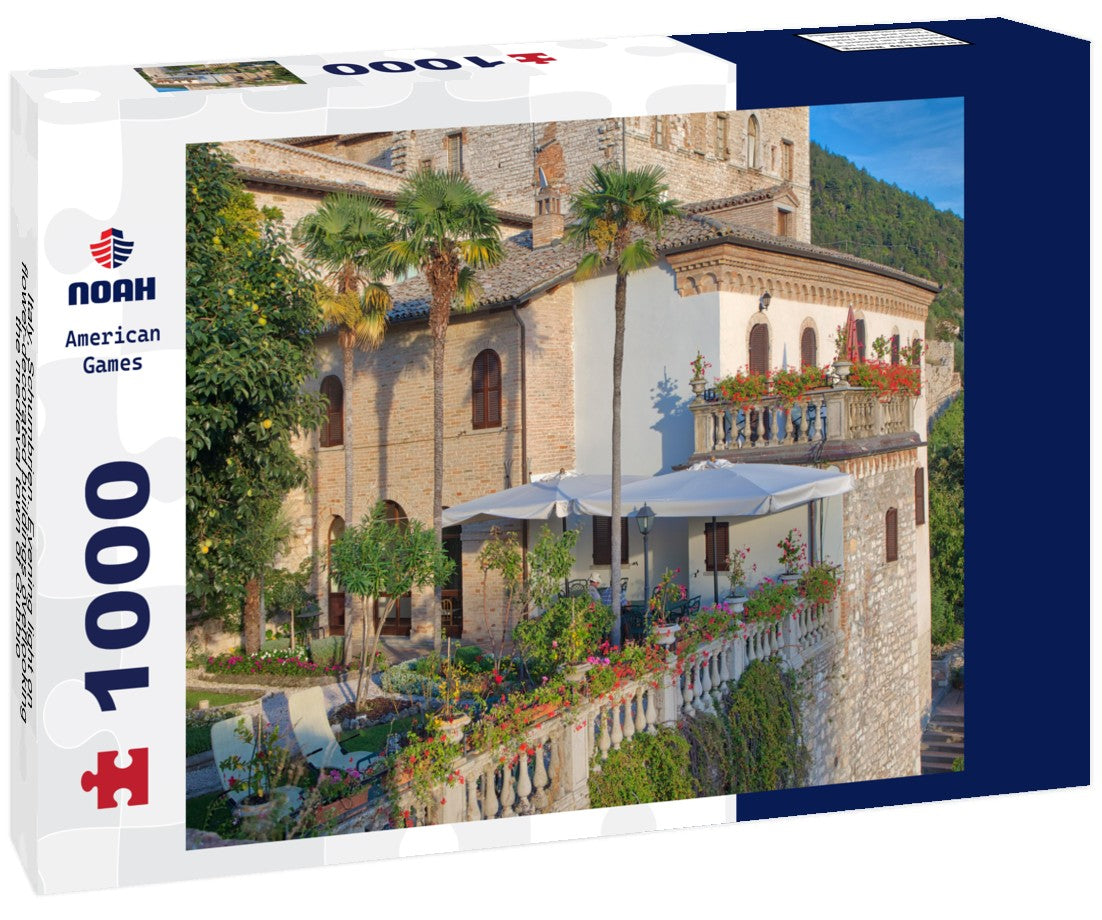 Noah Jigsaw Puzzle Italy, Schumbrien. Evening light on flower-decorated buildings overlooking the medieval town of Gubbio 1000 pieces
