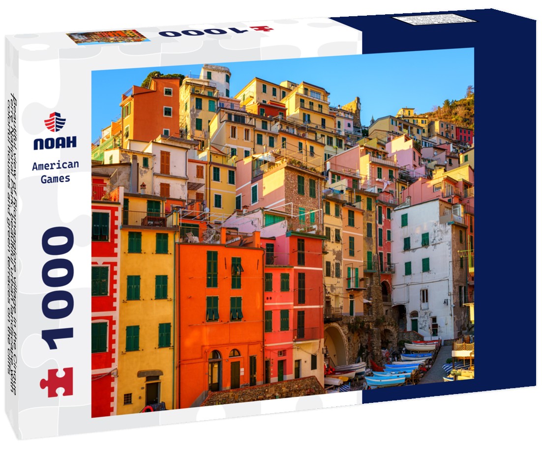 Noah Jigsaw Puzzle Beautiful view of Riomaggiore village in the Cinque Terre National Park, beautiful urban landscape with colorful houses and green terraces on the cliffs above the sea, Liguria region of Italy 1000 pieces