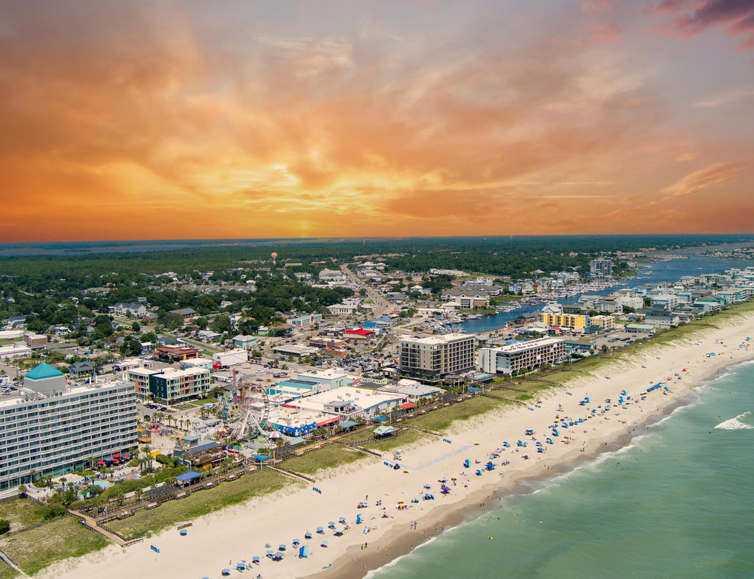 Noah Jigsaw Puzzle Boardwalk, homes, hotels and restaurants with people relaxing in the sand on the beach and blue sky in Carolina Beach North Carolina USA 1000 pieces