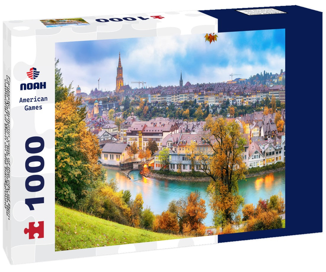 Noah Jigsaw Puzzle Fantastic autumn view of the city of Bern on the Aare river in the evening with the cathedral of Bern on the background 1000 pieces