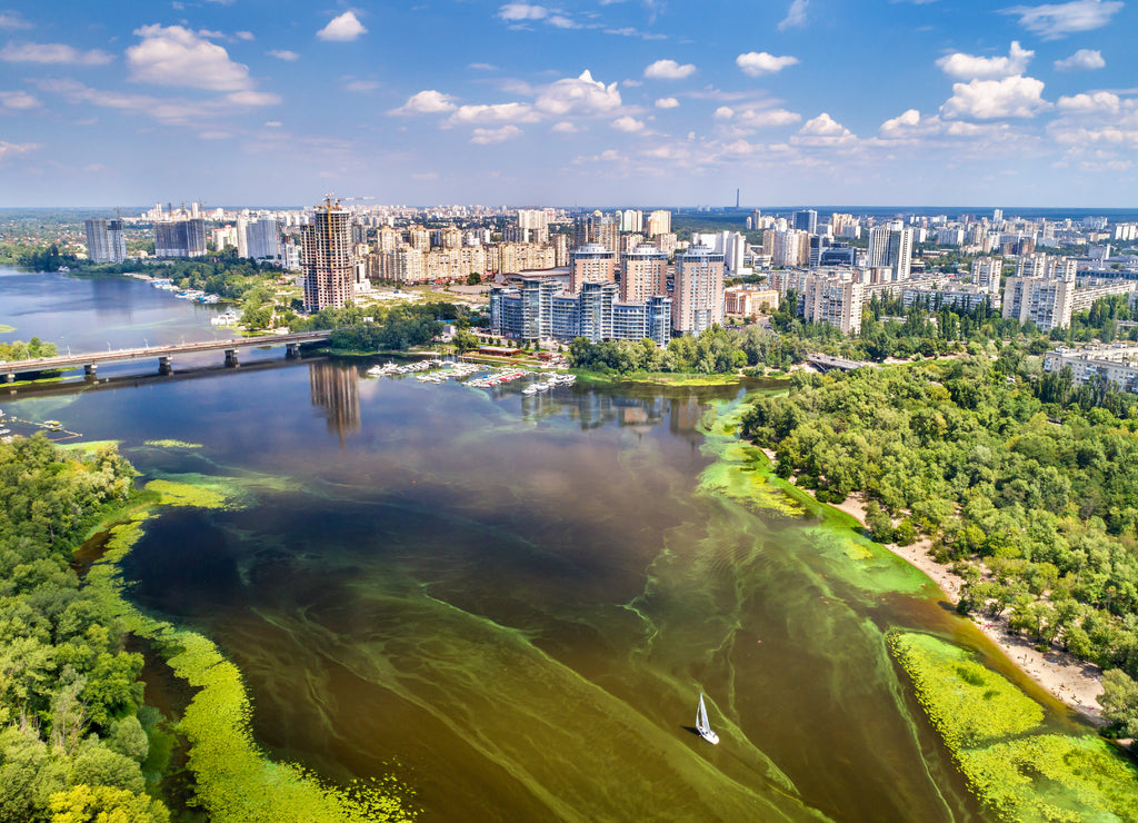 Aerial view of the Dnieper river in Kyiv, Ukraine