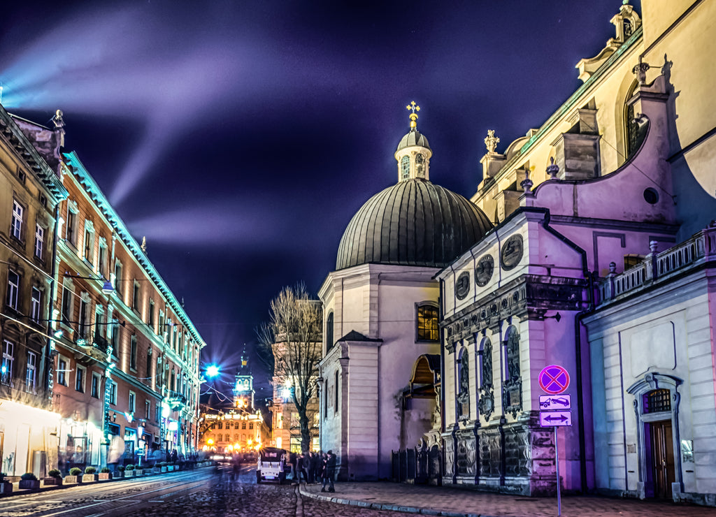 Scenic night Lviv cityscape architecture on the long exposure