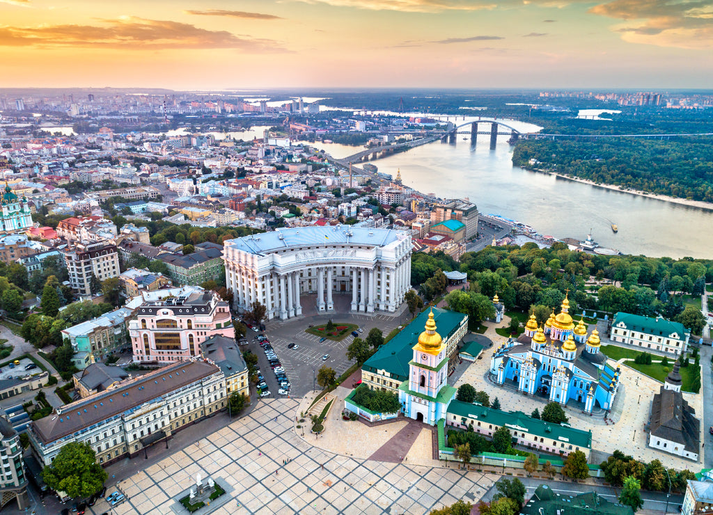 Aerial view of St. Michael Golden-Domed Monastery, Ministry of Foreign Affairs and the Dnieper River in Kiev, Ukraine