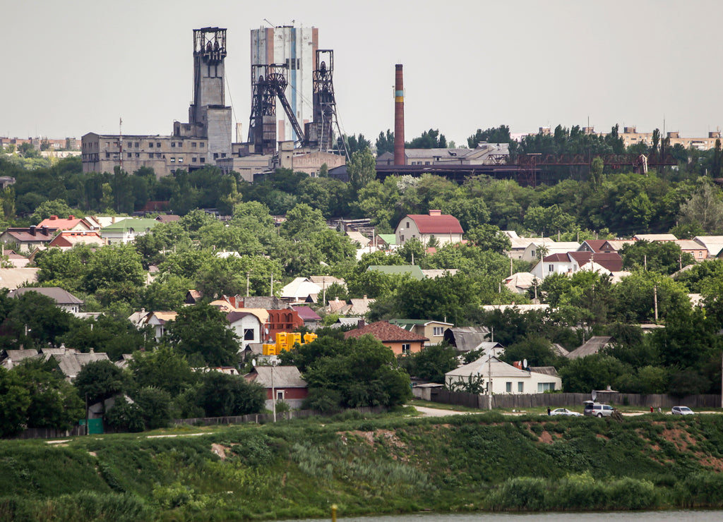 View to BAZHANOV MINE and Kalmius river in Donetsk, Ukraine