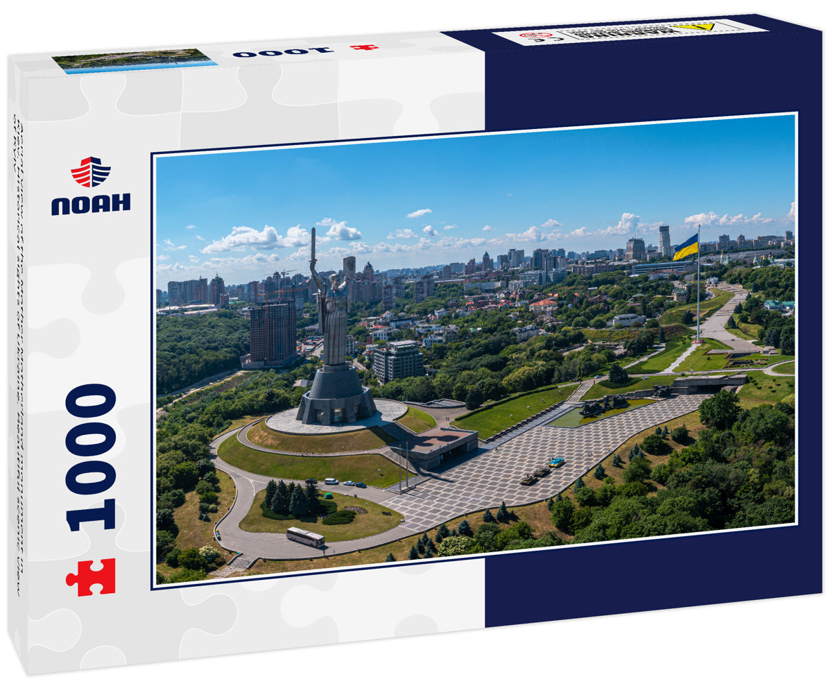 Aerial view of the Mother Motherland monument in Kiev. Historical sights of Ukraine. Beautiful scenic view of Kyiv
