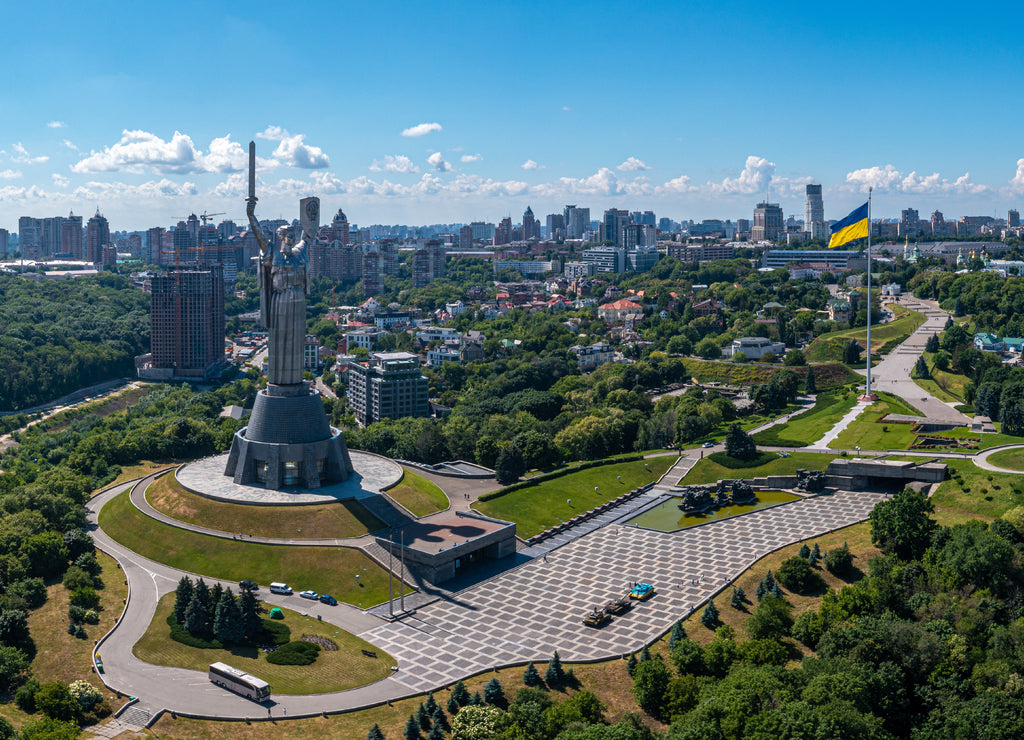 Aerial view of the Mother Motherland monument in Kiev. Historical sights of Ukraine. Beautiful scenic view of Kyiv